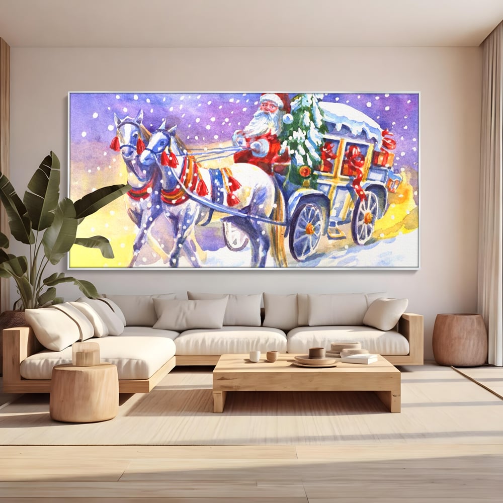 Tablou canvas cu pictura cu mos craciun in trasura, in rama de aluminiu argintiu, pe perete intr-un living
